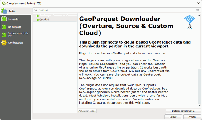 plugin de Overture Maps en QGIS