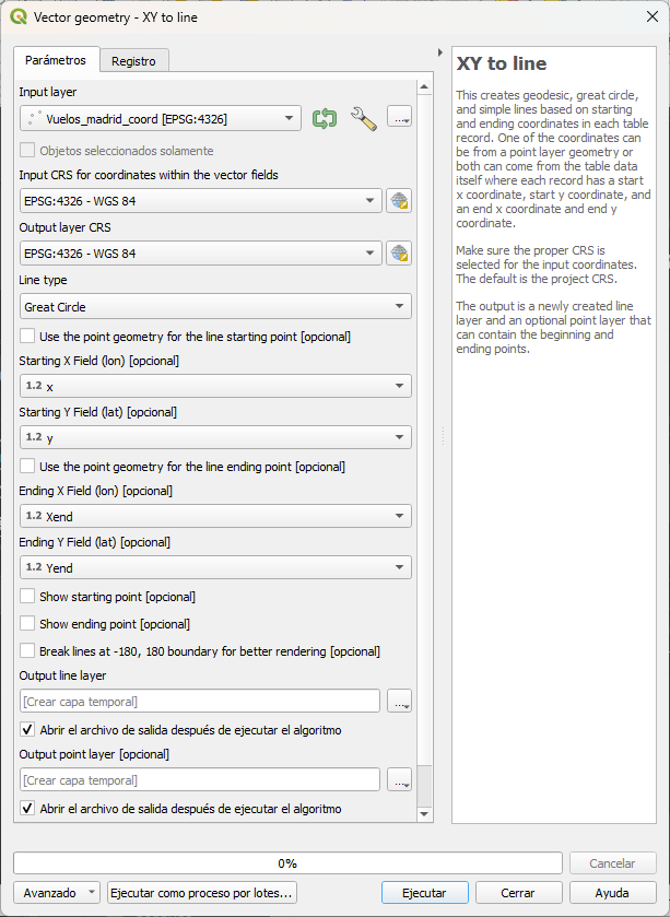 herramienta XY to line en QGIS